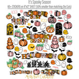 It's Spooky Season Collection, alternate sticker sheet spread out image, showing coordinated Paper & Sticker Kit, full-size Die Cuts, and Sticker Sheet for scrapbook layouts, memory albums, cards, journals, and keepsakes. Buyer theme: Coordinated Halloween Scrapbook Collection. It's Spooky Season scrapbook collection with 12x12 Double-Sided Paper, Die Cuts and one coordinating Sticker Sheet