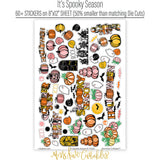 It's Spooky Season Bundle, sticker sheet spread out image, showing complete coordinated paper craft set with 12x12 papers, 6x6 papers, cardstock, die cuts, and stickers for layouts, cards, albums, journals, and keepsakes. Buyer theme: Complete Halloween Scrapbook Craft Bundle. It's Spooky Season complete scrapbook bundle with 12x12 Double-Sided Paper, 6x6 Double-Sided Paper, Linen Printed Smooth Cardstock, Die Cuts and one Sticker Sheet