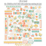 Life is Good Stickers, alternate sticker sheet spread out image, showing coordinating scrapbook stickers for layouts, planners, journals, cards, memory albums, titles, and quick finishing details. Buyer theme: Positive Stickers for Scrapbooks, Journals & Planners. Life is Good Sticker Sheet with scaled positive titles, florals, mushrooms, cherries, rainbows, clouds, suns, hearts and small everyday accents for pages, planners and journals