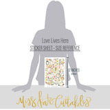 Love Lives Here Stickers, size guide image, showing coordinating scrapbook stickers for layouts, planners, journals, cards, memory albums, titles, and quick finishing details. Buyer theme: Floral Stickers for Scrapbooks, Journals & Planners. Love Lives Here Sticker Sheet with scaled florals, rosebuds, leaves, home-and-family titles, tags and decorative accents for scrapbooks, planners and journals. Coordinating patterns include Heritage plaid, Botanical floral prints, Polka dots