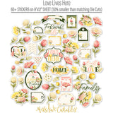 Love Lives Here Stickers, alternate sticker sheet spread out image, showing coordinating scrapbook stickers for layouts, planners, journals, cards, memory albums, titles, and quick finishing details. Buyer theme: Floral Stickers for Scrapbooks, Journals & Planners. Love Lives Here Sticker Sheet with scaled florals, rosebuds, leaves, home-and-family titles, tags and decorative accents for scrapbooks, planners and journals. Designed for Generational family albums, Card making, Mini albums
