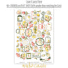 Love Lives Here Stickers, sticker sheet spread out image, showing coordinating scrapbook stickers for layouts, planners, journals, cards, memory albums, titles, and quick finishing details. Buyer theme: Floral Stickers for Scrapbooks, Journals & Planners. Love Lives Here Sticker Sheet with scaled florals, rosebuds, leaves, home-and-family titles, tags and decorative accents for scrapbooks, planners and journals. Coordinating patterns include Polka dots, Pinstripes, Leaf and flower silhouettes
