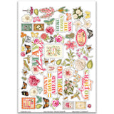 May Flowers Stickers, main product image, showing coordinating scrapbook stickers for layouts, planners, journals, cards, memory albums, titles, and quick finishing details. Buyer theme: Spring Garden Stickers for Scrapbooks & Journals. May Flowers 8x12 sticker sheet with more than 60 coordinating floral, butterfly, bee, bird and garden-themed stickers. Color palette includes Rose pink, coral, blush, sage green, mint, yellow, orange, cream and charcoal