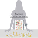May Flowers Stickers, size guide image, showing coordinating scrapbook stickers for layouts, planners, journals, cards, memory albums, titles, and quick finishing details. Buyer theme: Spring Garden Stickers for Scrapbooks & Journals. May Flowers 8x12 sticker sheet with more than 60 coordinating floral, butterfly, bee, bird and garden-themed stickers. Color palette includes Rose pink, coral, blush, sage green, mint, yellow, orange, cream and charcoal