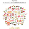May Flowers Stickers, alternate sticker sheet spread out image, showing coordinating scrapbook stickers for layouts, planners, journals, cards, memory albums, titles, and quick finishing details. Buyer theme: Spring Garden Stickers for Scrapbooks & Journals. May Flowers 8x12 sticker sheet with more than 60 coordinating floral, butterfly, bee, bird and garden-themed stickers. Color palette includes Rose pink, coral, blush, sage green, mint, yellow, orange, cream and charcoal
