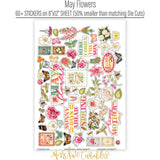 May Flowers Stickers, sticker sheet spread out image, showing coordinating scrapbook stickers for layouts, planners, journals, cards, memory albums, titles, and quick finishing details. Buyer theme: Spring Garden Stickers for Scrapbooks & Journals. May Flowers 8x12 sticker sheet with more than 60 coordinating floral, butterfly, bee, bird and garden-themed stickers. Color palette includes Rose pink, coral, blush, sage green, mint, yellow, orange, cream and charcoal