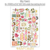 May Flowers Stickers, sticker sheet spread out image, showing coordinating scrapbook stickers for layouts, planners, journals, cards, memory albums, titles, and quick finishing details. Buyer theme: Spring Garden Stickers for Scrapbooks & Journals. May Flowers 8x12 sticker sheet with more than 60 coordinating floral, butterfly, bee, bird and garden-themed stickers. Color palette includes Rose pink, coral, blush, sage green, mint, yellow, orange, cream and charcoal