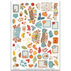Pumpkin Season Stickers, main product image, showing coordinating scrapbook stickers for layouts, planners, journals, cards, memory albums, titles, and quick finishing details. Buyer theme: Fall Scrapbook Stickers for Journals & Planners. Fall sticker sheet with pumpkins, leaves, labels, hearts, mugs, sweaters, journaling accents, and cozy seasonal phrases. Visible artwork includes hot drink mugs, pie slices, sweaters, blankets. Color palette includes soft aqua, pumpkin orange, warm cream