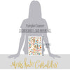 Pumpkin Season Stickers, size guide image, showing coordinating scrapbook stickers for layouts, planners, journals, cards, memory albums, titles, and quick finishing details. Buyer theme: Fall Scrapbook Stickers for Journals & Planners. Fall sticker sheet with pumpkins, leaves, labels, hearts, mugs, sweaters, journaling accents, and cozy seasonal phrases. Visible artwork includes pie slices, sweaters, blankets, autumn leaves. Color palette includes pumpkin orange, warm cream, sage green