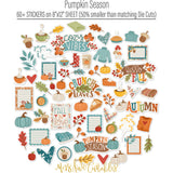 Pumpkin Season Stickers, alternate sticker sheet spread out image, showing coordinating scrapbook stickers for layouts, planners, journals, cards, memory albums, titles, and quick finishing details. Buyer theme: Fall Scrapbook Stickers for Journals & Planners. Fall sticker sheet with pumpkins, leaves, labels, hearts, mugs, sweaters, journaling accents, and cozy seasonal phrases. Visible artwork includes sweaters, blankets, autumn leaves, acorns