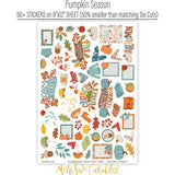 Pumpkin Season Stickers, sticker sheet spread out image, showing coordinating scrapbook stickers for layouts, planners, journals, cards, memory albums, titles, and quick finishing details. Buyer theme: Fall Scrapbook Stickers for Journals & Planners. Fall sticker sheet with pumpkins, leaves, labels, hearts, mugs, sweaters, journaling accents, and cozy seasonal phrases. Visible artwork includes blankets, autumn leaves, acorns, berry sprigs