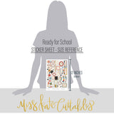 Ready for School Stickers, size guide image, showing coordinating scrapbook stickers for layouts, planners, journals, cards, memory albums, labels, titles, and quick finishing details. Buyer theme: School Planner & Junk Journal Sticker Sheet. Ready for School 8x12 Sticker Sheet with more than 60 scaled school-themed stickers including backpacks, apples, books, school supplies, labels and title art. Color palette includes apple red, brick red, blush pink