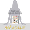 Ready for School Stickers, size guide image, showing coordinating scrapbook stickers for layouts, planners, journals, cards, memory albums, labels, titles, and quick finishing details. Buyer theme: School Planner & Junk Journal Sticker Sheet. Ready for School 8x12 Sticker Sheet with more than 60 scaled school-themed stickers including backpacks, apples, books, school supplies, labels and title art. Color palette includes apple red, brick red, blush pink