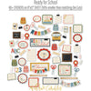 Ready for School Stickers, alternate sticker sheet spread out image, showing coordinating scrapbook stickers for layouts, planners, journals, cards, memory albums, labels, titles, and quick finishing details. Buyer theme: School Planner & Junk Journal Sticker Sheet. Ready for School 8x12 Sticker Sheet with more than 60 scaled school-themed stickers including backpacks, apples, books, school supplies, labels and title art. Color palette includes brick red, blush pink, sage green