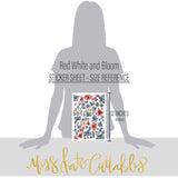 Red White and Bloom Stickers, size guide image, showing coordinating scrapbook stickers for layouts, planners, journals, cards, memory albums, titles, and quick finishing details. Buyer theme: Patriotic Stickers for Scrapbooks & Journals. Red White and Bloom Sticker Sheet with scaled floral clusters, leaves, butterflies, plaid hearts and summer Americana titles for scrapbooks, planners and journals. Coordinating patterns include Navy and cream polka dots, Tiny blue hearts, Gold butterfly toss