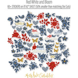 Red White and Bloom Stickers, alternate sticker sheet spread out image, showing coordinating scrapbook stickers for layouts, planners, journals, cards, memory albums, titles, and quick finishing details. Buyer theme: Patriotic Stickers for Scrapbooks & Journals. Red White and Bloom Sticker Sheet with scaled floral clusters, leaves, butterflies, plaid hearts and summer Americana titles for scrapbooks, planners and journals. Designed for Summer picnic pages, Card making, Mini albums