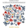 Red White and Bloom Stickers, alternate sticker sheet spread out image, showing coordinating scrapbook stickers for layouts, planners, journals, cards, memory albums, titles, and quick finishing details. Buyer theme: Patriotic Stickers for Scrapbooks & Journals. Red White and Bloom Sticker Sheet with scaled floral clusters, leaves, butterflies, plaid hearts and summer Americana titles for scrapbooks, planners and journals. Designed for Summer picnic pages, Card making, Mini albums
