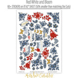 Red White and Bloom Stickers, sticker sheet spread out image, showing coordinating scrapbook stickers for layouts, planners, journals, cards, memory albums, titles, and quick finishing details. Buyer theme: Patriotic Stickers for Scrapbooks & Journals. Red White and Bloom Sticker Sheet with scaled floral clusters, leaves, butterflies, plaid hearts and summer Americana titles for scrapbooks, planners and journals. Designed for Card making, Mini albums, Junk journals