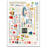 School is Cool Stickers, main product image, showing coordinating scrapbook stickers for layouts, planners, journals, cards, memory albums, titles, and quick finishing details. Buyer theme: School Stickers for Scrapbooks, Journals & Planners. School is Cool Sticker Sheet with scaled school titles, apples, books, pencils, crayons, rulers, notebooks, backpacks, numbers and classroom accents for pages and journals