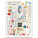 School is Cool Stickers, main product image, showing coordinating scrapbook stickers for layouts, planners, journals, cards, memory albums, titles, and quick finishing details. Buyer theme: School Stickers for Scrapbooks, Journals & Planners. School is Cool Sticker Sheet with scaled school titles, apples, books, pencils, crayons, rulers, notebooks, backpacks, numbers and classroom accents for pages and journals