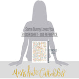 Some Bunny Loves You Stickers, size guide image, showing coordinating scrapbook stickers for layouts, planners, journals, cards, memory albums, titles, and quick finishing details. Buyer theme: Easter Stickers for Scrapbooks & Journals. Some Bunny Loves You Sticker Sheet with scaled bunnies, eggs, carrots, flowers, leafy sprigs, basket accents and Easter and spring titles for scrapbooks, planners and journals. Designed for Spring family albums, Card making, Mini albums