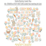 Some Bunny Loves You Stickers, alternate sticker sheet spread out image, showing coordinating scrapbook stickers for layouts, planners, journals, cards, memory albums, titles, and quick finishing details. Buyer theme: Easter Stickers for Scrapbooks & Journals. Some Bunny Loves You Sticker Sheet with scaled bunnies, eggs, carrots, flowers, leafy sprigs, basket accents and Easter and spring titles for scrapbooks, planners and journals. Designed for Card making, Mini albums, Junk journals