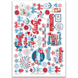 Stars and Stripes Stickers, main product image, showing coordinating scrapbook stickers for layouts, planners, journals, cards, memory albums, titles, and quick finishing details. Buyer theme: 4th of July Stickers for Scrapbooks & Journals. Stars and Stripes 8x12 sticker sheet with more than 60 coordinating patriotic, floral, berry, bow, firework and July-themed stickers. Scrapbook sticker sheet, planner stickers, journal stickers, card making accents, and memory keeping supplies