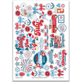 Stars and Stripes Stickers, main product image, showing coordinating scrapbook stickers for layouts, planners, journals, cards, memory albums, titles, and quick finishing details. Buyer theme: 4th of July Stickers for Scrapbooks & Journals. Stars and Stripes 8x12 sticker sheet with more than 60 coordinating patriotic, floral, berry, bow, firework and July-themed stickers. Scrapbook sticker sheet, planner stickers, journal stickers, card making accents, and memory keeping supplies