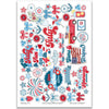 Stars and Stripes Stickers, main product image, showing coordinating scrapbook stickers for layouts, planners, journals, cards, memory albums, titles, and quick finishing details. Buyer theme: 4th of July Stickers for Scrapbooks & Journals. Stars and Stripes 8x12 sticker sheet with more than 60 coordinating patriotic, floral, berry, bow, firework and July-themed stickers. Scrapbook sticker sheet, planner stickers, journal stickers, card making accents, and memory keeping supplies