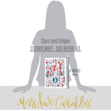 Stars and Stripes Stickers, size guide image, showing coordinating scrapbook stickers for layouts, planners, journals, cards, memory albums, titles, and quick finishing details. Buyer theme: 4th of July Stickers for Scrapbooks & Journals. Stars and Stripes 8x12 sticker sheet with more than 60 coordinating patriotic, floral, berry, bow, firework and July-themed stickers. Scrapbook sticker sheet, planner stickers, journal stickers, card making accents, and memory keeping supplies