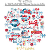Stars and Stripes Stickers, alternate sticker sheet spread out image, showing coordinating scrapbook stickers for layouts, planners, journals, cards, memory albums, titles, and quick finishing details. Buyer theme: 4th of July Stickers for Scrapbooks & Journals. Stars and Stripes 8x12 sticker sheet with more than 60 coordinating patriotic, floral, berry, bow, firework and July-themed stickers