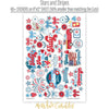 Stars and Stripes Stickers, sticker sheet spread out image, showing coordinating scrapbook stickers for layouts, planners, journals, cards, memory albums, titles, and quick finishing details. Buyer theme: 4th of July Stickers for Scrapbooks & Journals. Stars and Stripes 8x12 sticker sheet with more than 60 coordinating patriotic, floral, berry, bow, firework and July-themed stickers. Scrapbook sticker sheet, planner stickers, journal stickers, card making accents, and memory keeping supplies