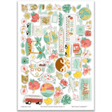 The World Awaits Stickers, main product image, showing coordinating scrapbook stickers for layouts, planners, journals, cards, memory albums, titles, and quick finishing details. Buyer theme: Travel & Vacation Scrapbook Stickers. Coordinating travel sticker sheet with scaled tropical and vacation-themed embellishments for scrapbook pages and journals. Visible artwork includes hibiscus flowers, plumeria flowers, monstera leaves, palm fronds. Color palette includes coral, mint, teal