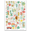 The World Awaits Stickers, main product image, showing coordinating scrapbook stickers for layouts, planners, journals, cards, memory albums, titles, and quick finishing details. Buyer theme: Travel & Vacation Scrapbook Stickers. Coordinating travel sticker sheet with scaled tropical and vacation-themed embellishments for scrapbook pages and journals. Visible artwork includes hibiscus flowers, plumeria flowers, monstera leaves, palm fronds. Color palette includes coral, mint, teal