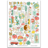 The World Awaits Stickers, main product image, showing coordinating scrapbook stickers for layouts, planners, journals, cards, memory albums, titles, and quick finishing details. Buyer theme: Travel & Vacation Scrapbook Stickers. Coordinating travel sticker sheet with scaled tropical and vacation-themed embellishments for scrapbook pages and journals. Visible artwork includes plumeria flowers, monstera leaves, palm fronds, airplane. Color palette includes mint, teal, mustard