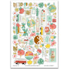 The World Awaits Stickers, main product image, showing coordinating scrapbook stickers for layouts, planners, journals, cards, memory albums, titles, and quick finishing details. Buyer theme: Travel & Vacation Scrapbook Stickers. Coordinating travel sticker sheet with scaled tropical and vacation-themed embellishments for scrapbook pages and journals. Visible artwork includes plumeria flowers, monstera leaves, palm fronds, airplane. Color palette includes mint, teal, mustard