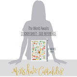 The World Awaits Stickers, size guide image, showing coordinating scrapbook stickers for layouts, planners, journals, cards, memory albums, titles, and quick finishing details. Buyer theme: Travel & Vacation Scrapbook Stickers. Coordinating travel sticker sheet with scaled tropical and vacation-themed embellishments for scrapbook pages and journals. Visible artwork includes monstera leaves, palm fronds, airplane, passport. Color palette includes teal, mustard, yellow