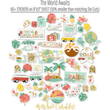 The World Awaits Stickers, alternate sticker sheet spread out image, showing coordinating scrapbook stickers for layouts, planners, journals, cards, memory albums, titles, and quick finishing details. Buyer theme: Travel & Vacation Scrapbook Stickers. Coordinating travel sticker sheet with scaled tropical and vacation-themed embellishments for scrapbook pages and journals. Visible artwork includes palm fronds, airplane, passport, camera. Color palette includes mustard, yellow, sage