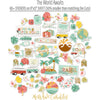 The World Awaits Stickers, alternate sticker sheet spread out image, showing coordinating scrapbook stickers for layouts, planners, journals, cards, memory albums, titles, and quick finishing details. Buyer theme: Travel & Vacation Scrapbook Stickers. Coordinating travel sticker sheet with scaled tropical and vacation-themed embellishments for scrapbook pages and journals. Visible artwork includes palm fronds, airplane, passport, camera. Color palette includes mustard, yellow, sage