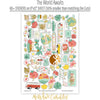 The World Awaits Stickers, sticker sheet spread out image, showing coordinating scrapbook stickers for layouts, planners, journals, cards, memory albums, titles, and quick finishing details. Buyer theme: Travel & Vacation Scrapbook Stickers. Coordinating travel sticker sheet with scaled tropical and vacation-themed embellishments for scrapbook pages and journals. Visible artwork includes airplane, passport, camera, globe. Color palette includes yellow, sage, white