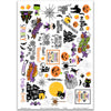 Trick or Treat Stickers, main product image, showing coordinating scrapbook stickers for layouts, planners, journals, cards, memory albums, titles, and quick finishing details. Buyer theme: Cute Halloween Stickers for Scrapbooks. Trick or Treat sticker sheet with reduced-scale ghosts, pumpkins, bats, webs, black cats, candy corn and cute Halloween phrase stickers. Scrapbook sticker sheet, planner stickers, journal stickers, card making accents, and memory keeping supplies