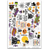 Trick or Treat Stickers, main product image, showing coordinating scrapbook stickers for layouts, planners, journals, cards, memory albums, titles, and quick finishing details. Buyer theme: Cute Halloween Stickers for Scrapbooks. Trick or Treat sticker sheet with reduced-scale ghosts, pumpkins, bats, webs, black cats, candy corn and cute Halloween phrase stickers. Scrapbook sticker sheet, planner stickers, journal stickers, card making accents, and memory keeping supplies