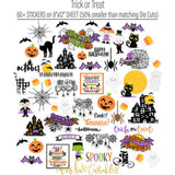 Trick or Treat Collection, alternate sticker sheet spread out image, showing coordinated Paper & Sticker Kit, full-size Die Cuts, and Sticker Sheet for scrapbook layouts, memory albums, cards, journals, and keepsakes. Buyer theme: Coordinated Cute Halloween Collection. Trick or Treat coordinated scrapbook collection with 12x12 paper, stickers and die-cut Halloween embellishments. Scrapbook collection, paper and sticker supplies, die cut embellishments, and coordinated memory keeping products