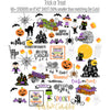 Trick or Treat Stickers, alternate sticker sheet spread out image, showing coordinating scrapbook stickers for layouts, planners, journals, cards, memory albums, titles, and quick finishing details. Buyer theme: Cute Halloween Stickers for Scrapbooks. Trick or Treat sticker sheet with reduced-scale ghosts, pumpkins, bats, webs, black cats, candy corn and cute Halloween phrase stickers. Scrapbook sticker sheet, planner stickers, journal stickers, card making accents, and memory keeping supplies