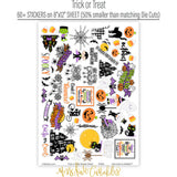 Trick or Treat Paper & Sticker Kit, sticker sheet spread out image, showing 12x12 scrapbook paper and coordinating stickers for scrapbook layouts, photo albums, memory keeping, cards, and paper crafts. Buyer theme: Cute Halloween 12x12 Paper & Sticker Kit. 12x12 Trick or Treat Paper & Sticker Kit with 39 cute Halloween paper designs, 4x4 and 4x6 element sheets and a coordinating spooky-cute sticker sheet