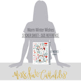 Warm Winter Wishes Stickers, size guide image, showing coordinating scrapbook stickers for layouts, planners, journals, cards, memory albums, titles, and quick finishing details. Buyer theme: Snowman Stickers for Scrapbooks & Journals. Warm Winter Wishes Sticker Sheet with scaled snowmen, snowflakes, winter trees, skiers, mittens, cocoa, cabins, deer and seasonal title artwork. Coordinating patterns include Evergreen tree repeats, Winter berry branches, Diagonal candy stripes
