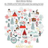 Warm Winter Wishes Stickers, alternate sticker sheet spread out image, showing coordinating scrapbook stickers for layouts, planners, journals, cards, memory albums, titles, and quick finishing details. Buyer theme: Snowman Stickers for Scrapbooks & Journals. Warm Winter Wishes Sticker Sheet with scaled snowmen, snowflakes, winter trees, skiers, mittens, cocoa, cabins, deer and seasonal title artwork. Coordinating patterns include Winter berry branches, Diagonal candy stripes, Snowman repeats