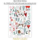 Warm Winter Wishes Stickers, sticker sheet spread out image, showing coordinating scrapbook stickers for layouts, planners, journals, cards, memory albums, titles, and quick finishing details. Buyer theme: Snowman Stickers for Scrapbooks & Journals. Warm Winter Wishes Sticker Sheet with scaled snowmen, snowflakes, winter trees, skiers, mittens, cocoa, cabins, deer and seasonal title artwork. Coordinating patterns include Diagonal candy stripes, Snowman repeats, Cabin scenes