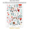 Warm Winter Wishes Stickers, sticker sheet spread out image, showing coordinating scrapbook stickers for layouts, planners, journals, cards, memory albums, titles, and quick finishing details. Buyer theme: Snowman Stickers for Scrapbooks & Journals. Warm Winter Wishes Sticker Sheet with scaled snowmen, snowflakes, winter trees, skiers, mittens, cocoa, cabins, deer and seasonal title artwork. Coordinating patterns include Diagonal candy stripes, Snowman repeats, Cabin scenes