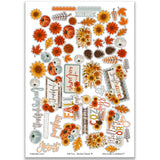 Welcome Fall Stickers, main product image, showing coordinating scrapbook stickers for layouts, planners, journals, cards, memory albums, titles, and quick finishing details. Buyer theme: Fall Stickers for Scrapbooks & Journals. Welcome Fall sticker sheet with reduced-scale pumpkins, leaves, woodland animals, trucks, sunflowers and fall phrase stickers. Color palette includes Pumpkin orange, burnt orange, harvest gold, sunflower yellow, olive green, moss green, teal, aqua, tan and brown